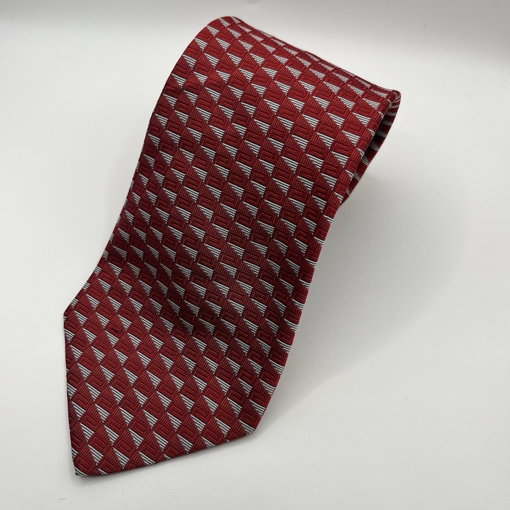 VERSACE Tie Geometric Print *FLAW* Burgundy/Silver Silk